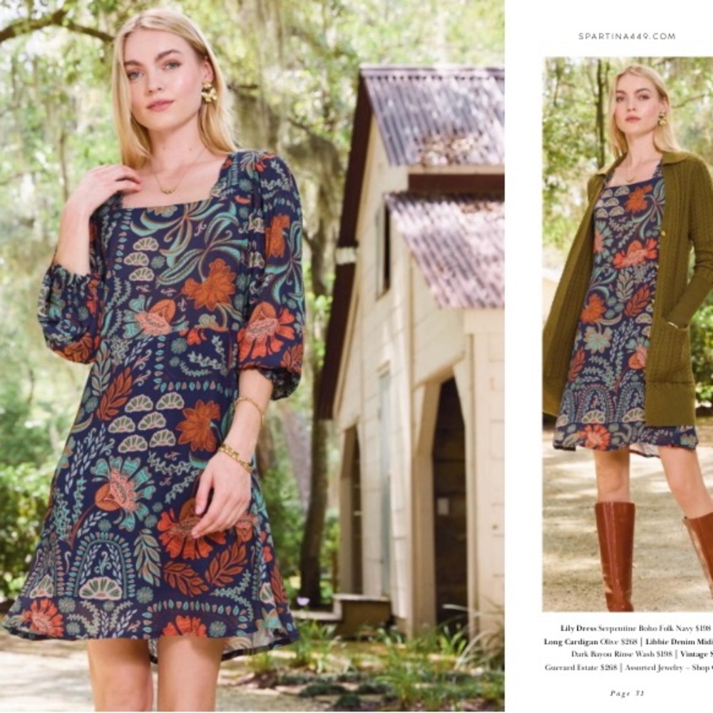 Spartina 449 Lilly Dress Navy and Orange Floral Pattern
